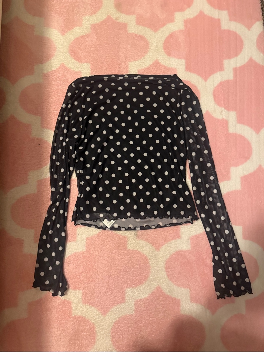 Black Polka Dot Long-Sleeve Mesh Top